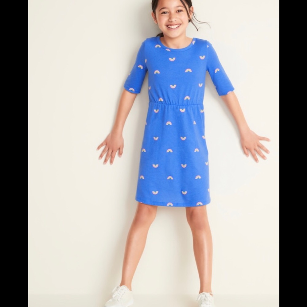 Girls knit swing dress- blue with rainbows